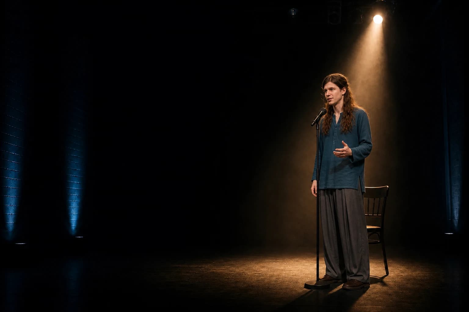 Art-directed visualization of Yev Rachkovan on a dark theatre stage