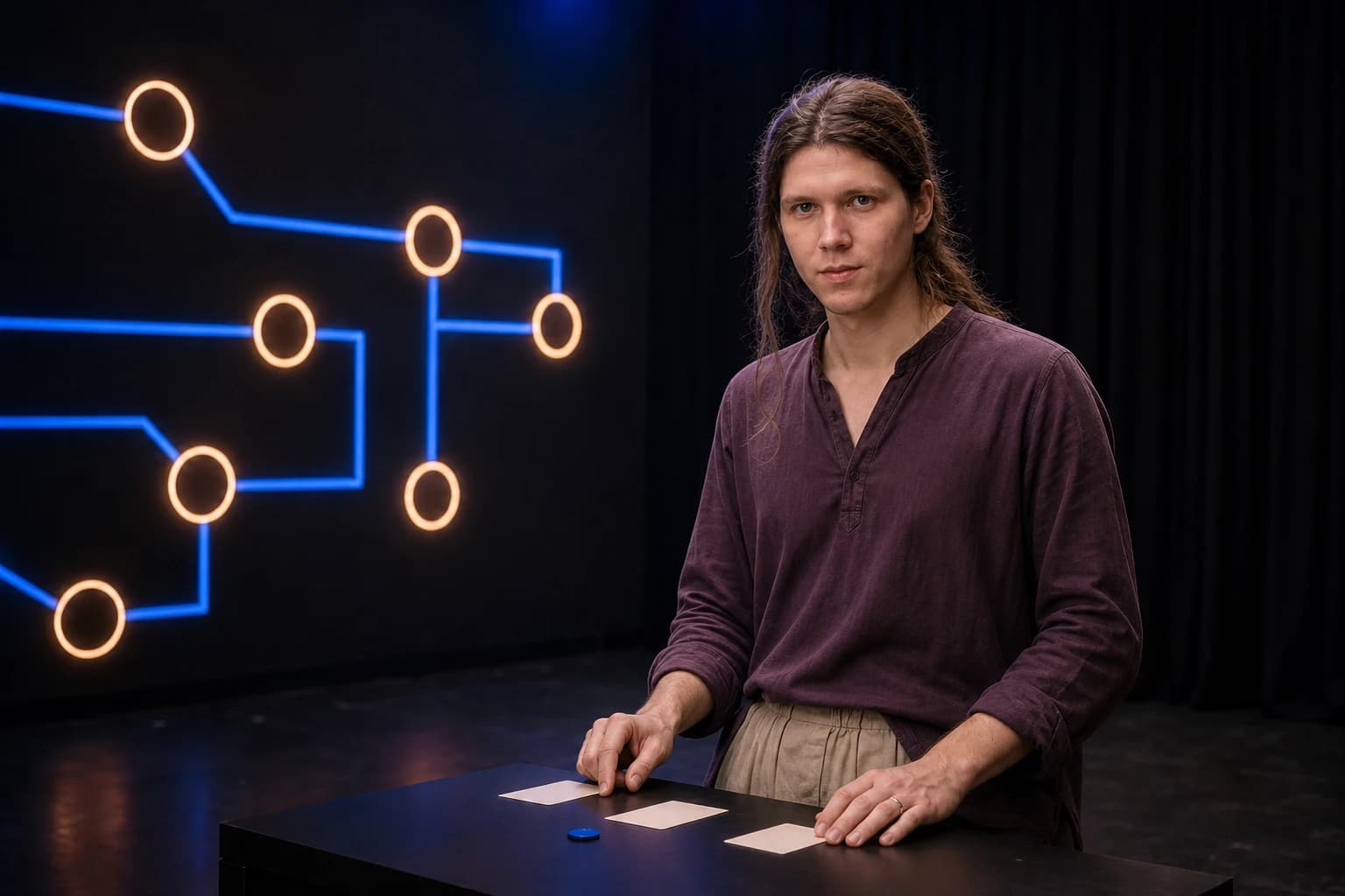 Art-directed visualization of Yev in a quiet studio between a luminous system map and an open table